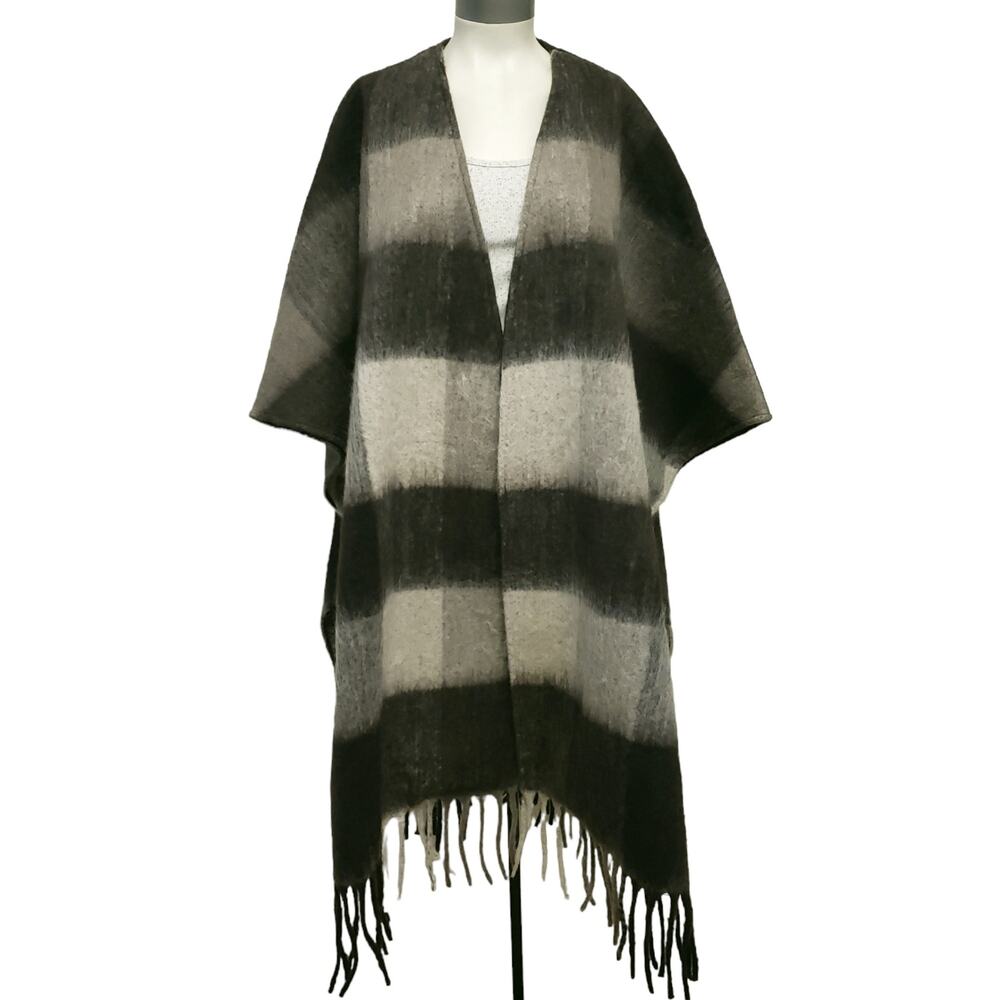 ZARA Fringed Plaid Poncho checked fringe boho open front sweater dark camel Sz M - Picture 5 of 9